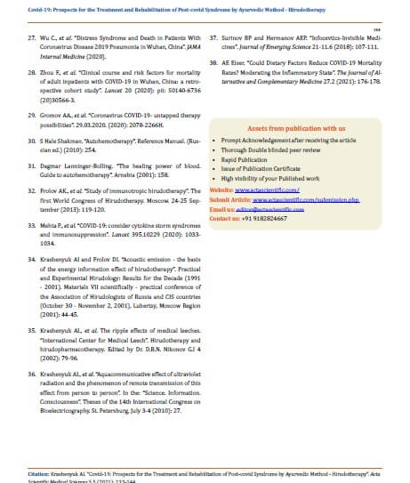 Covid-19: Prospects for the Treatment and Rehabilitation of Post-covid Syndrome by Ayurvedic Method - Hirudotherapy